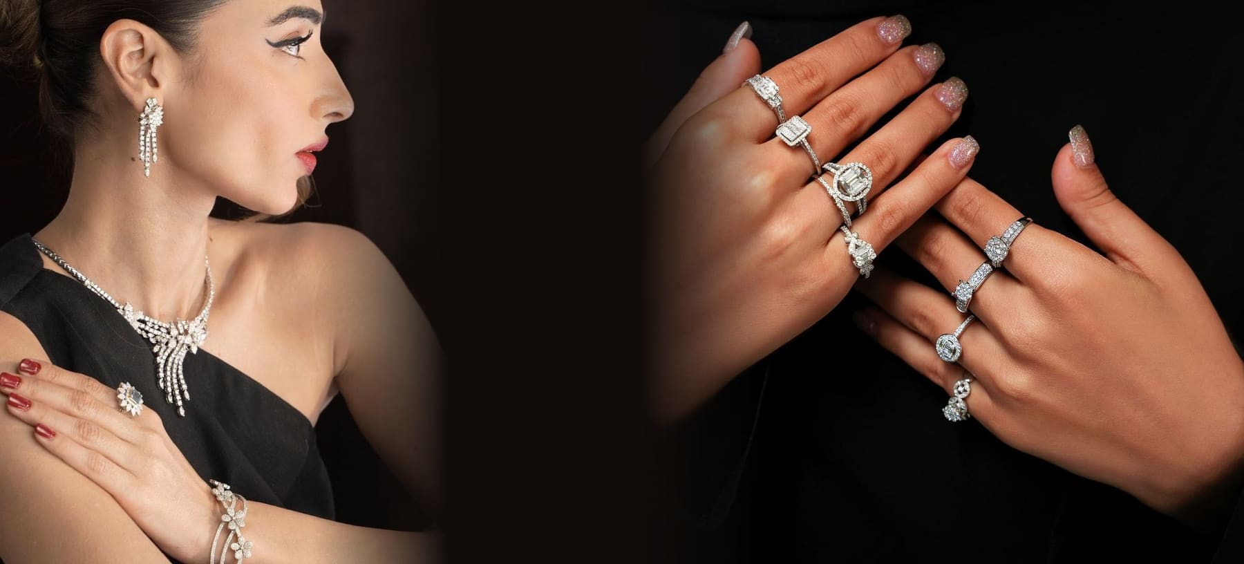 Model in a black gown wearing diamond chandelier earrings, a diamond spray necklace, a diamond cocktail ring and a diamond floral bracelet, beside two hands stacked with diamond rings