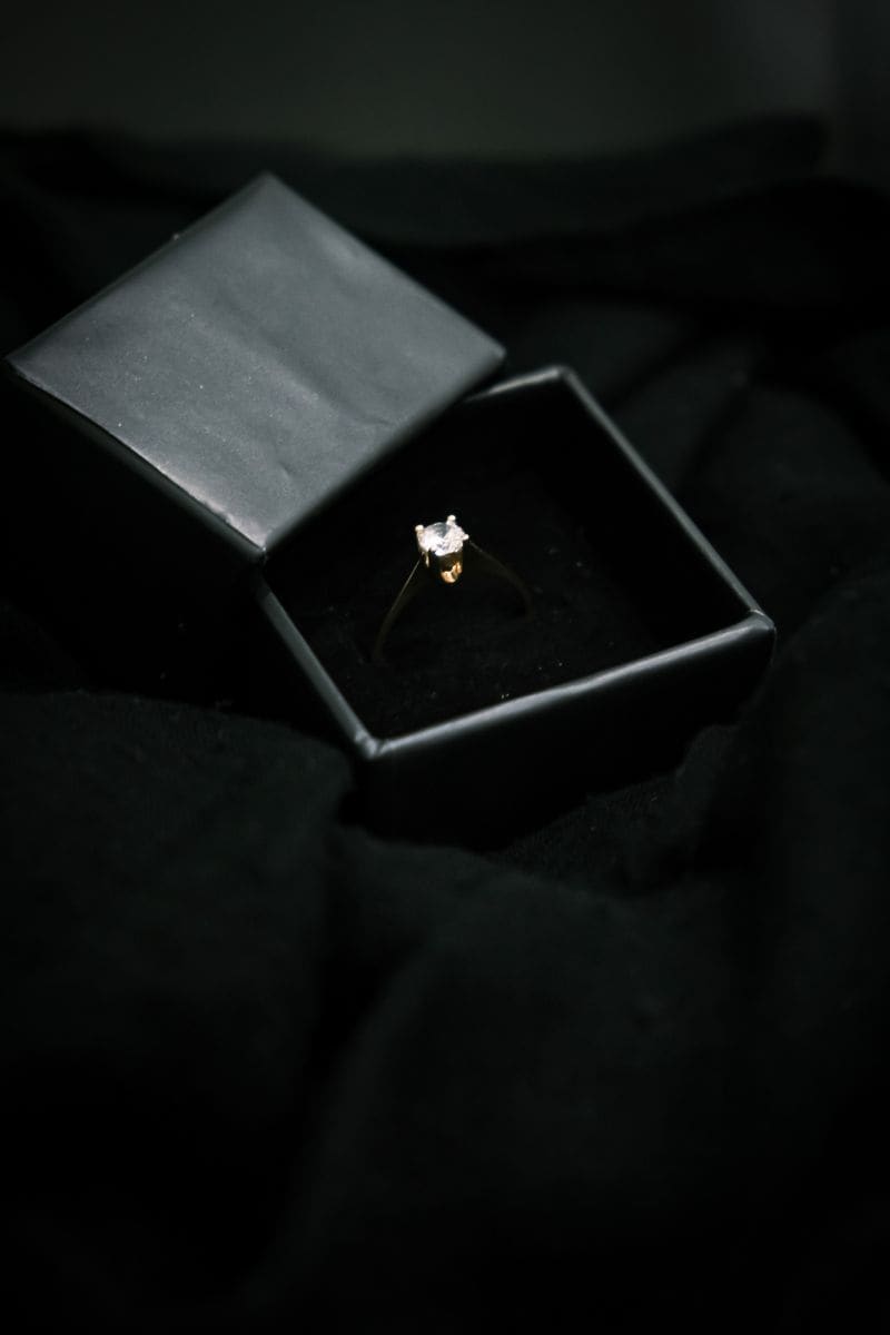 Diamond solitaire ring in a black ring box