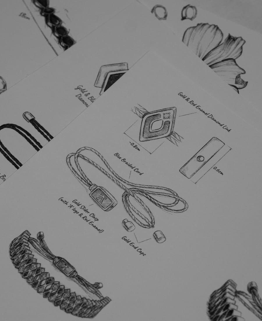 Pencil sketches of ring designs on a studio table