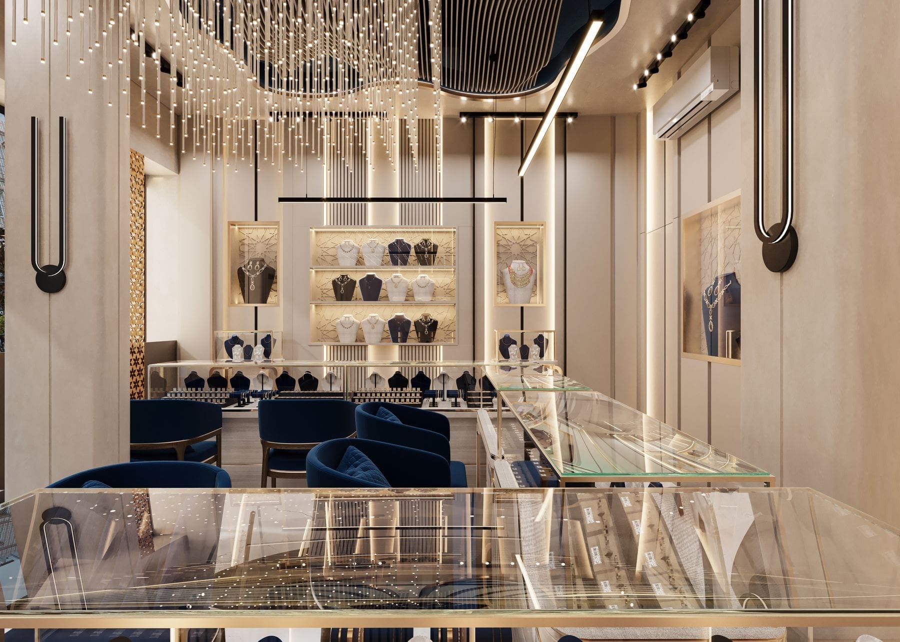 Luxury jewelry salon with crystal ceiling lights, velvet chairs and illuminated necklace displays